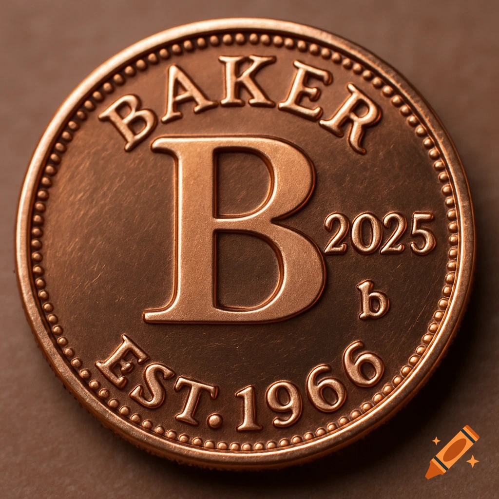 Close-up of a copper coin with 'BAKER' and 'EST. 1966' on the edges, a large 'B' in the center, and '2025' with a small 'b'.