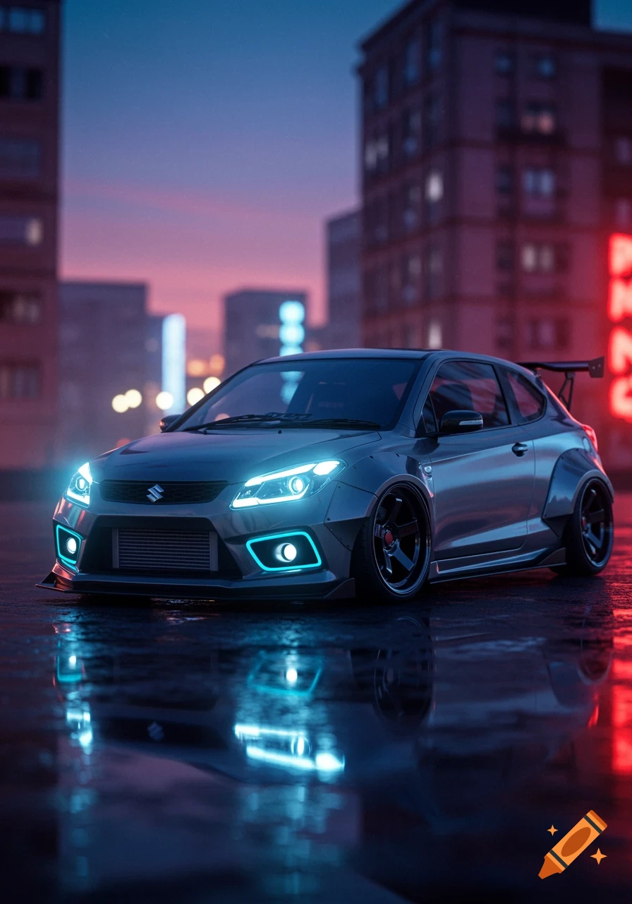 A customized grey Suzuki car with blue neon headlights and underglow parked on a wet street at dusk, with city buildings and reflections in the background.