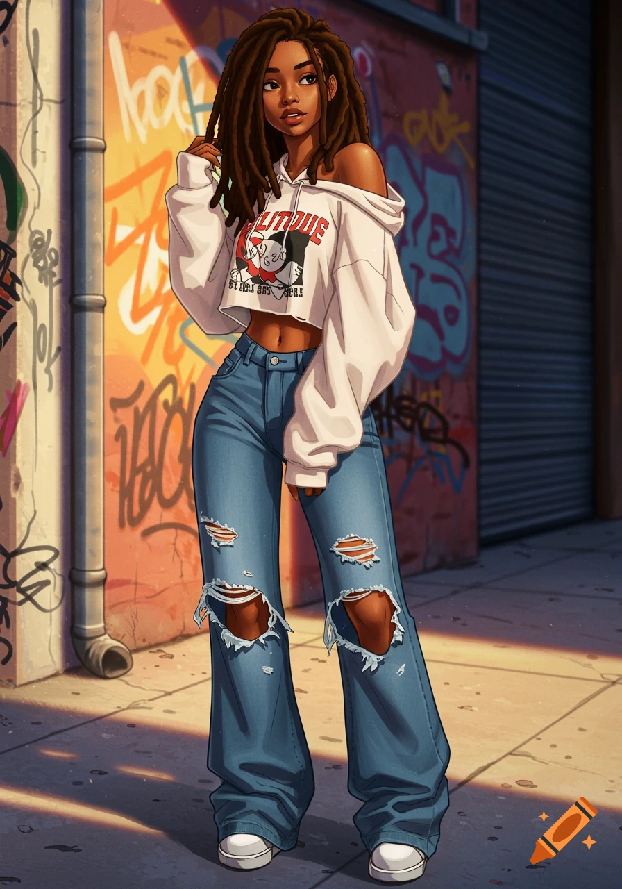 Stylized illustration of a young Black woman with dreadlocks wearing a white cropped hoodie and ripped wide-leg jeans, standing in an alley with graffiti walls.