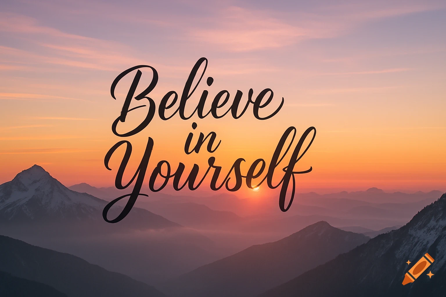 Black cursive text 'Believe in Yourself' overlays a vibrant sunset mountain landscape with purple and orange hues.