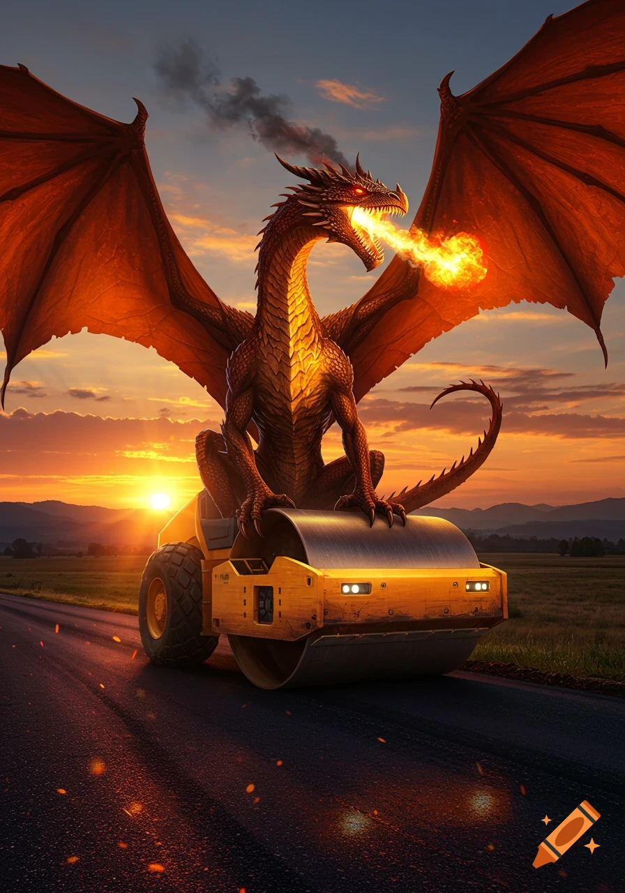 A majestic fire-breathing dragon sits atop a yellow asphalt road roller on a road at sunset, with a fiery glow.
