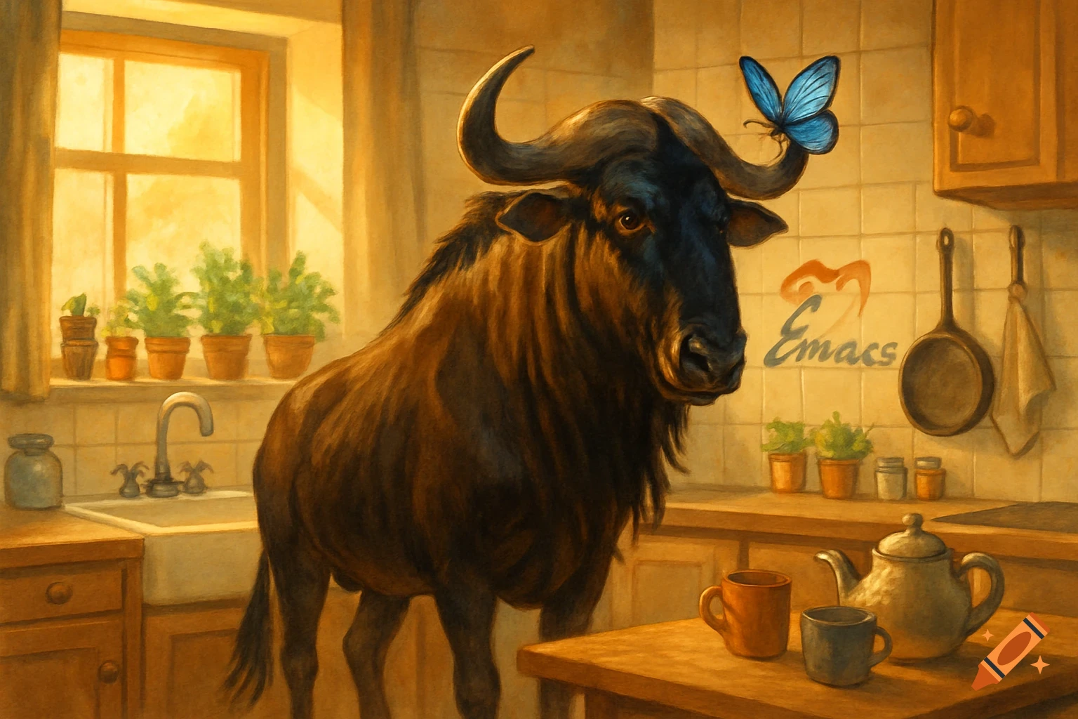 A gnu stands in a sunlit kitchen, a blue butterfly perched on its horn. A sink, potted plants, and a teapot are also visible. Painted style.
