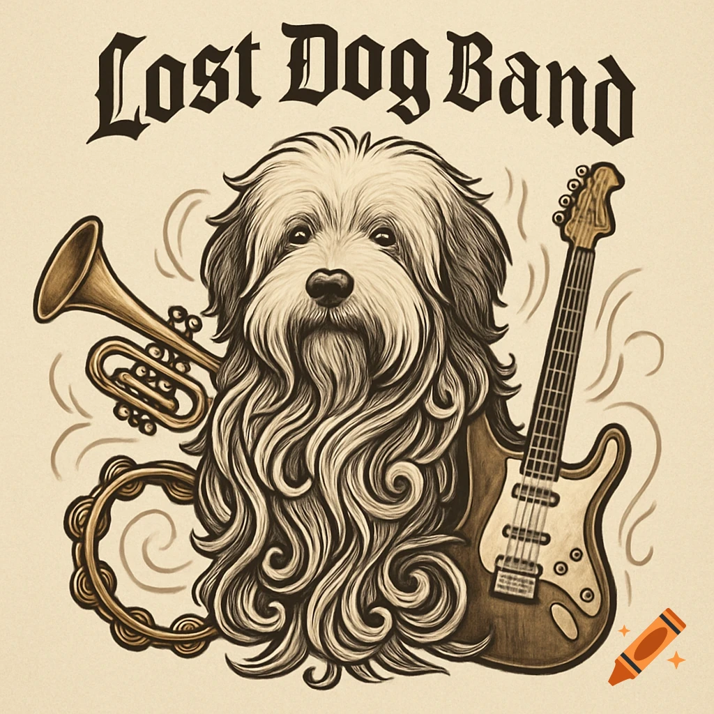 An illustration of a fluffy, shaggy dog with a trumpet and guitar, and a tambourine below it. The text "Lost Dog Band" is above the dog in a gothic font.