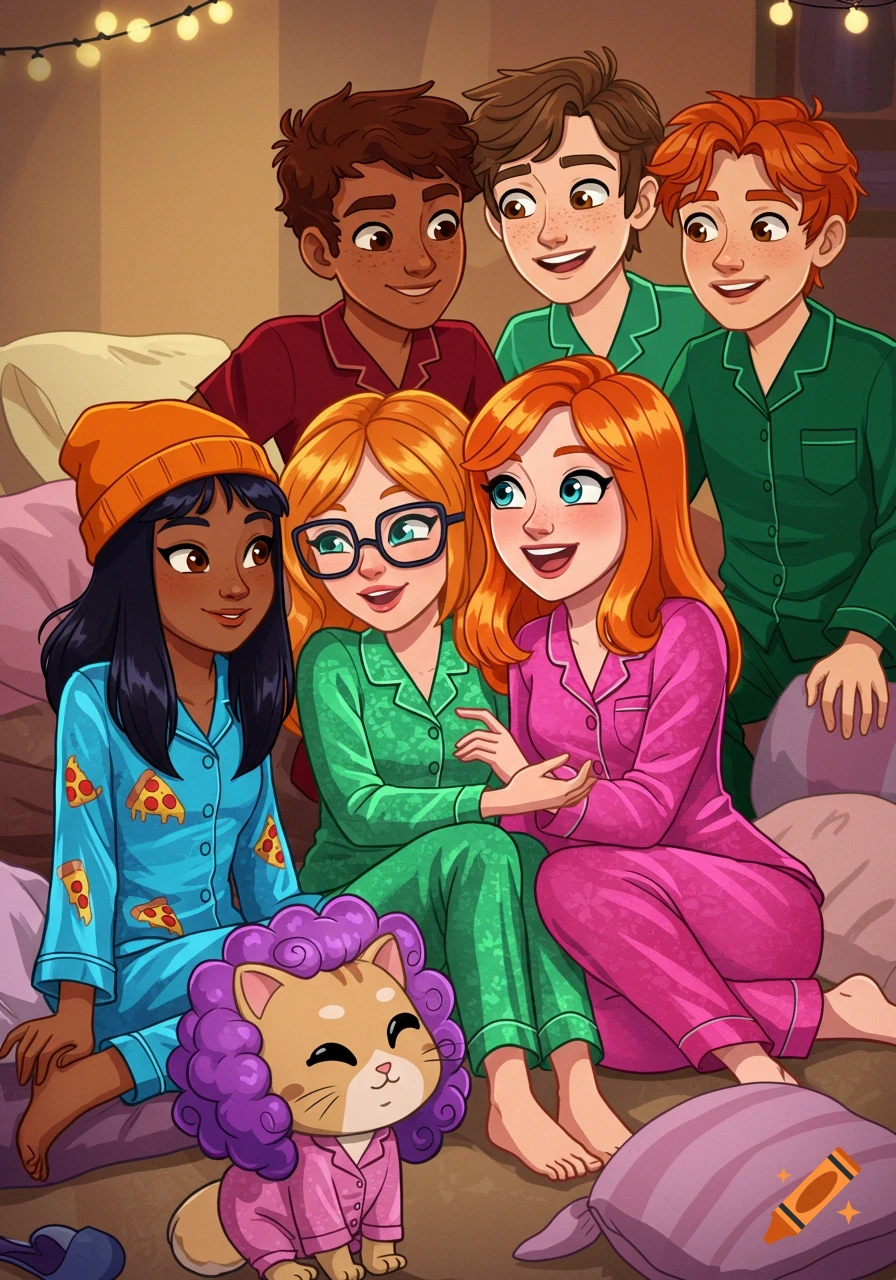 Cartoon illustration of five diverse teenagers and a cat in pajamas having a cozy sleepover.