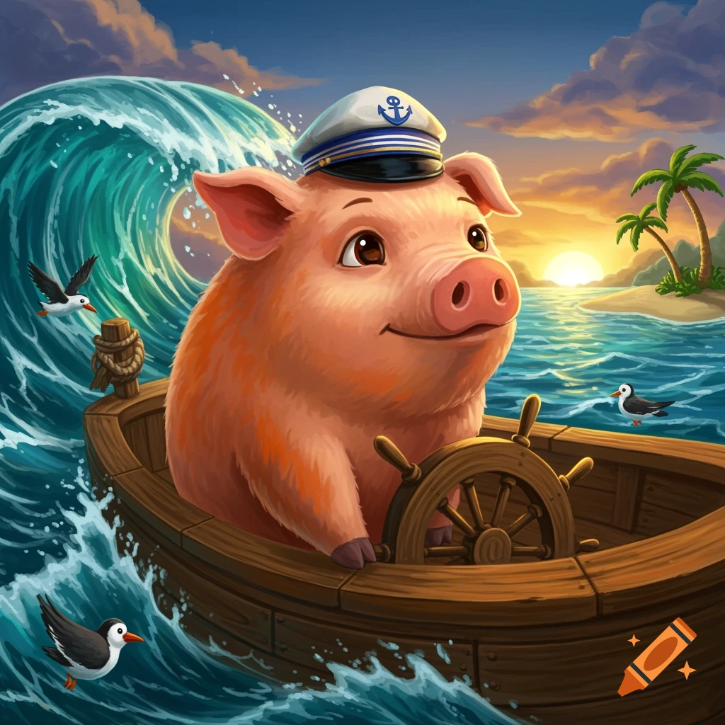 A cute pig in a captain's hat steers a wooden boat through a wavy ocean at sunset, with an island and seagulls.