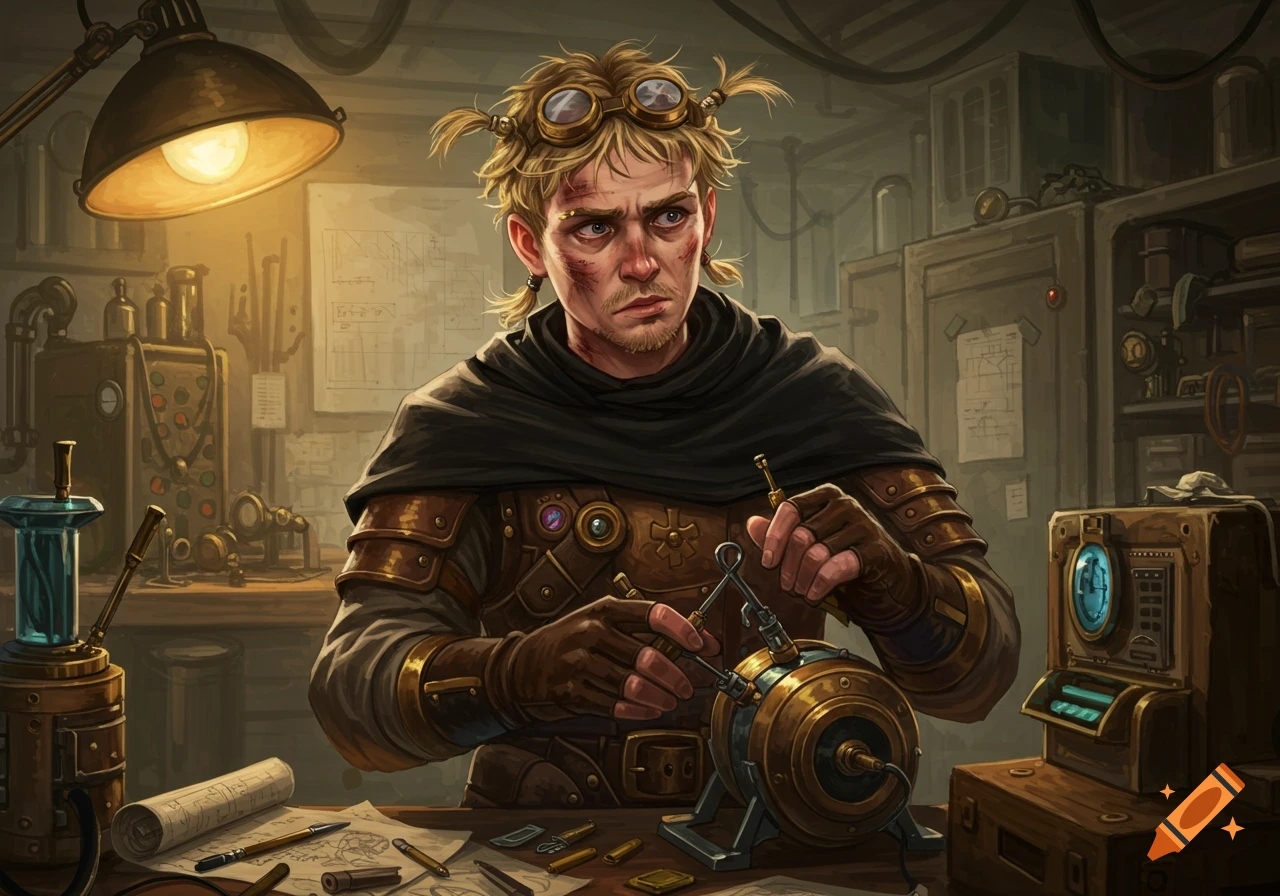 A scruffy blonde male artificer in leather armor and a black cloak works on a brass machine in a cluttered steampunk workshop.