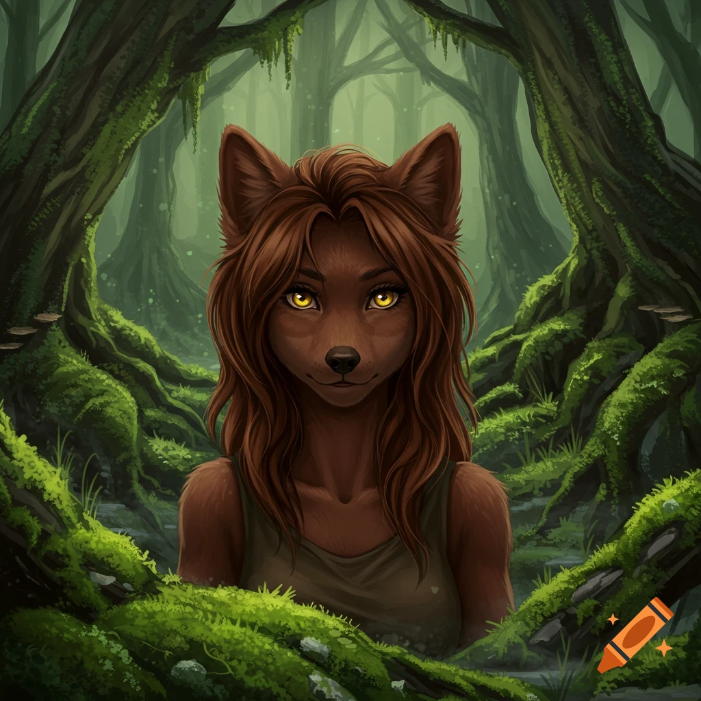 A brown wolf-like anthropomorphic character with long brown hair and yellow eyes, wearing a tank top, emerges from a mossy, dark green forest.