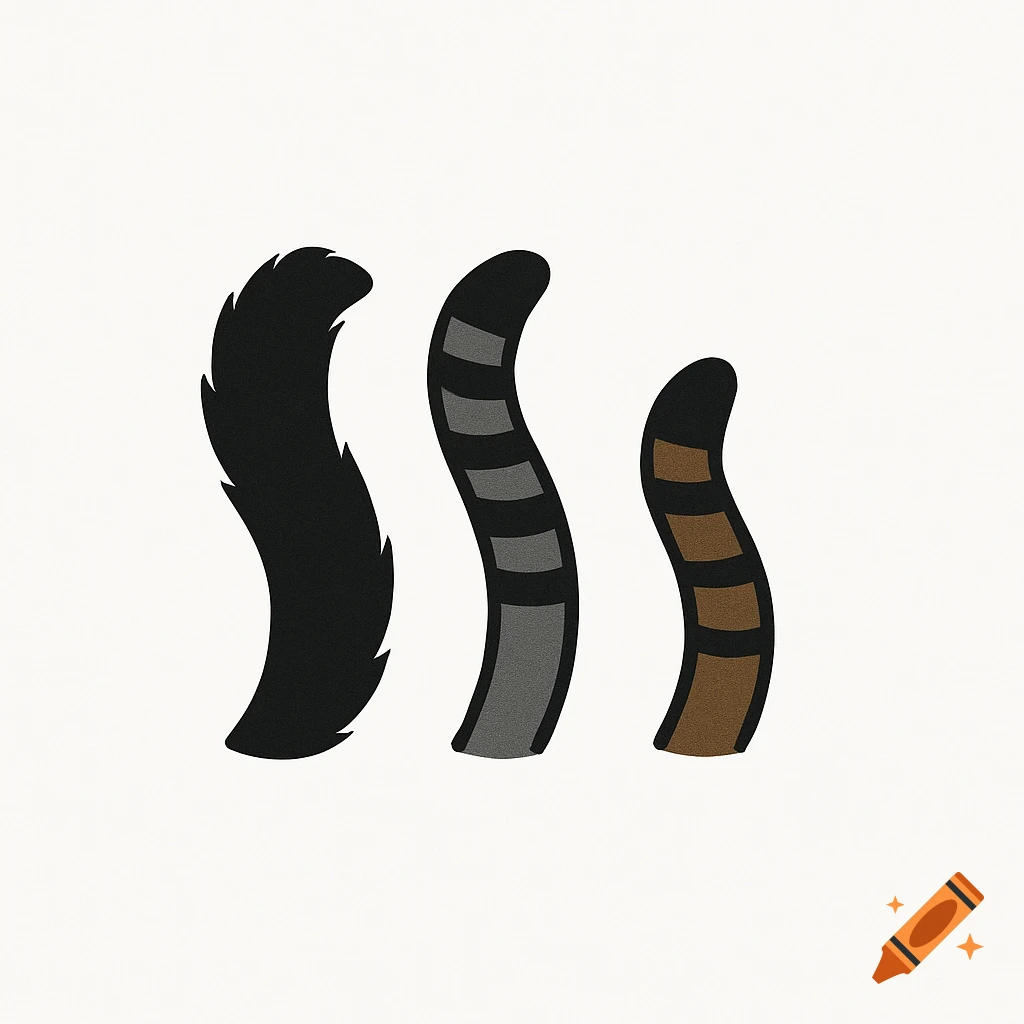 Three stylized cat tails: fluffy black, grey and black striped, and short brown tabby, on a white background.