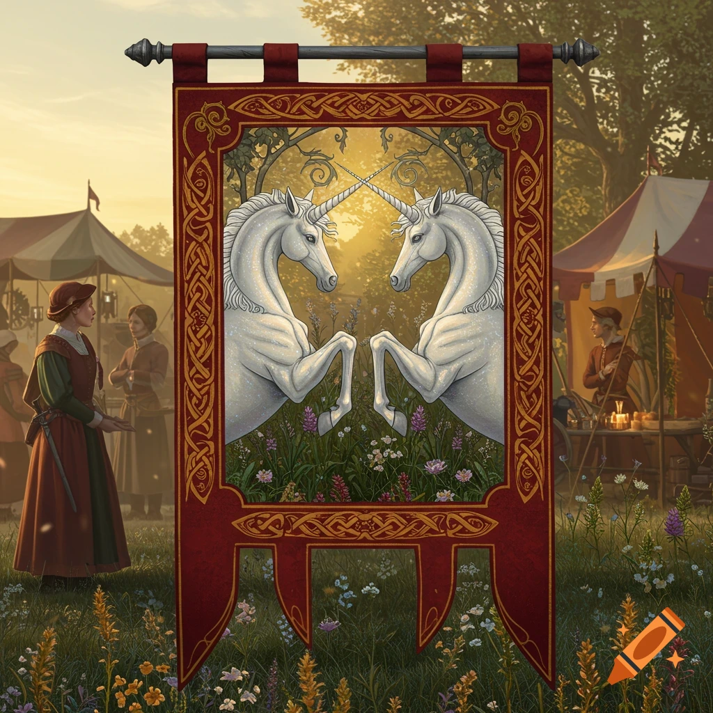 A detailed medieval banner with two facing white unicorns, set in a sunny outdoor market scene with people and tents.