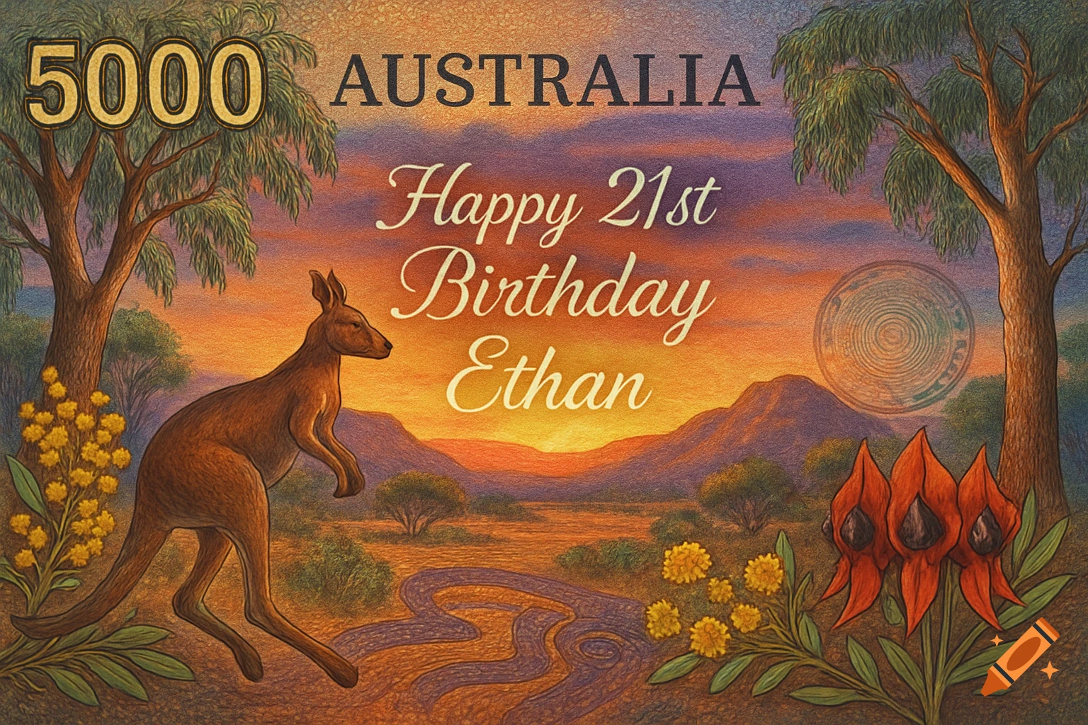 Australian $5000 note design with a kangaroo, native plants, and trees at sunset. Text reads "5000 AUSTRALIA Happy 21st Birthday Ethan".