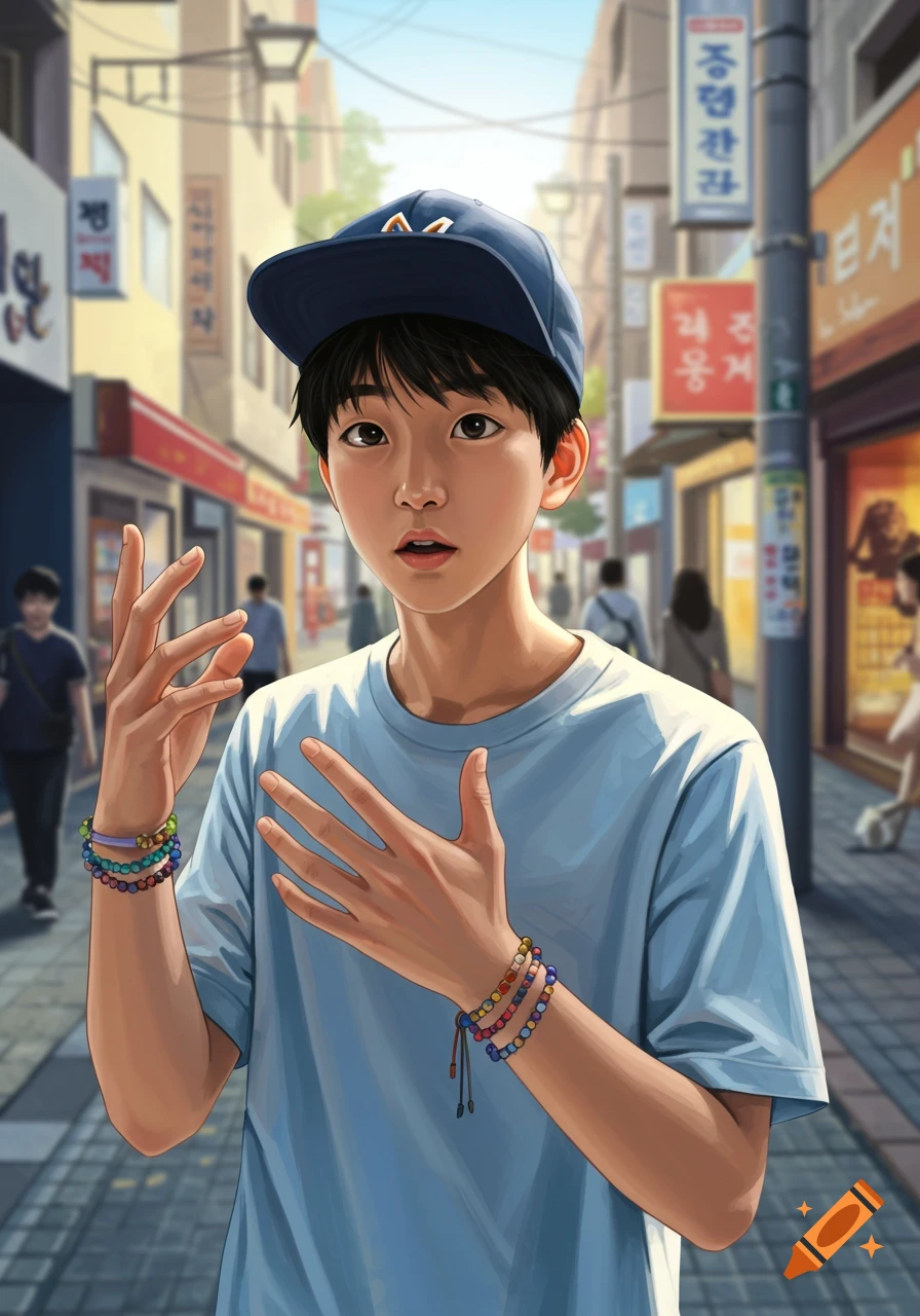 Illustrated Asian boy with a blue hat and colorful bracelets stands on a city street, hands raised.