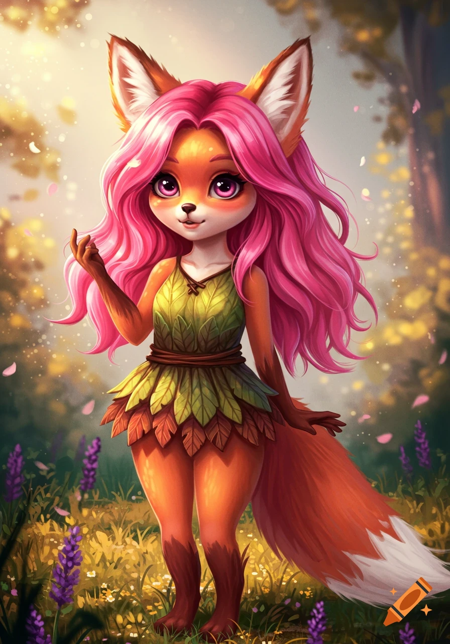 A cute, stylized fox girl with long pink hair, big purple eyes, and a green leaf dress stands in a magical forest clearing.