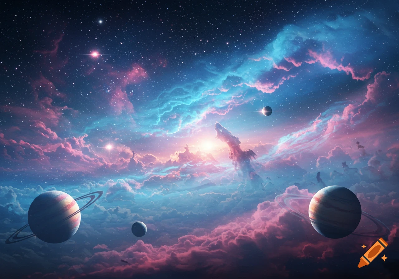 A surreal space scene with planets, stars, and swirling blue and pink nebulae.