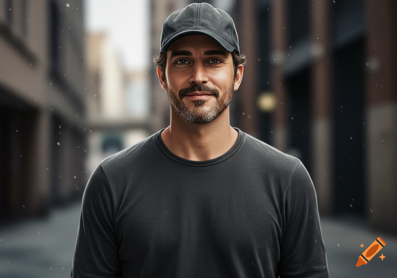 Photorealistic portrait of a man with a beard and baseball cap, smiling in an urban setting with light precipitation.