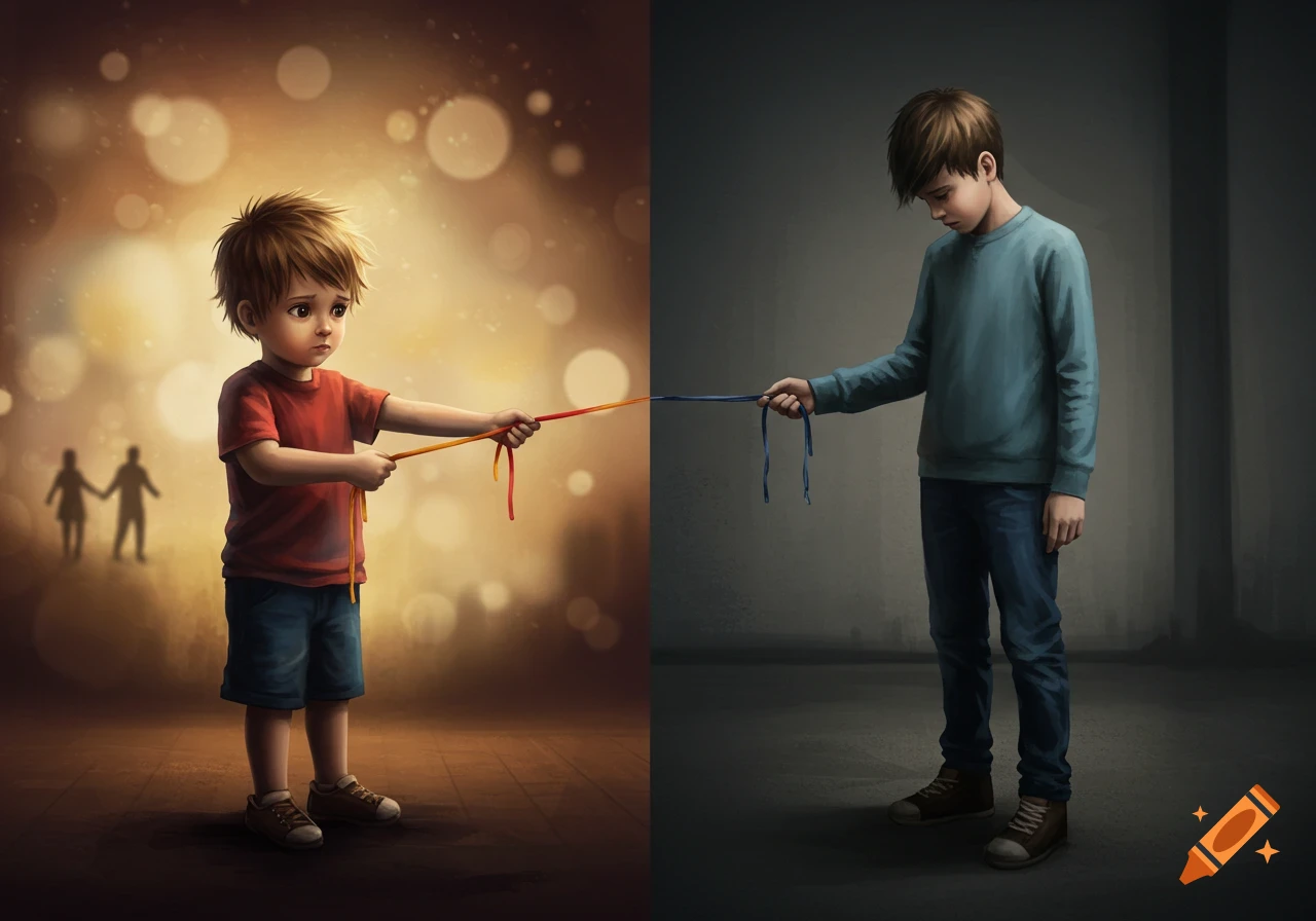 A split image illustration showing a sad young child holding two strings towards blurred parents on the left, and an older boy holding frayed strings in a dark room on the right.