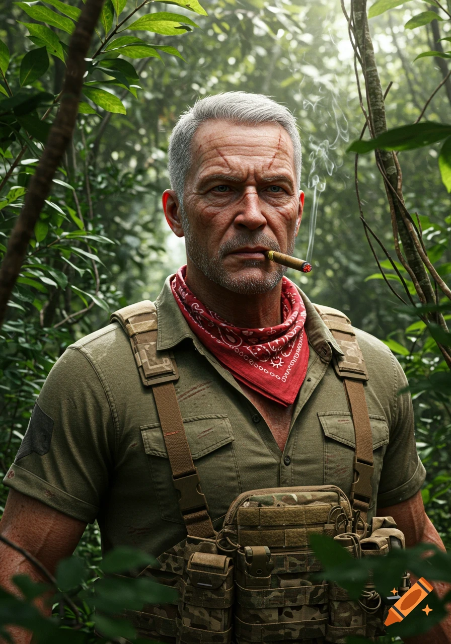A photorealistic portrait of a grizzled special forces veteran with silver hair and scars, smoking a cigar in a lush jungle.
