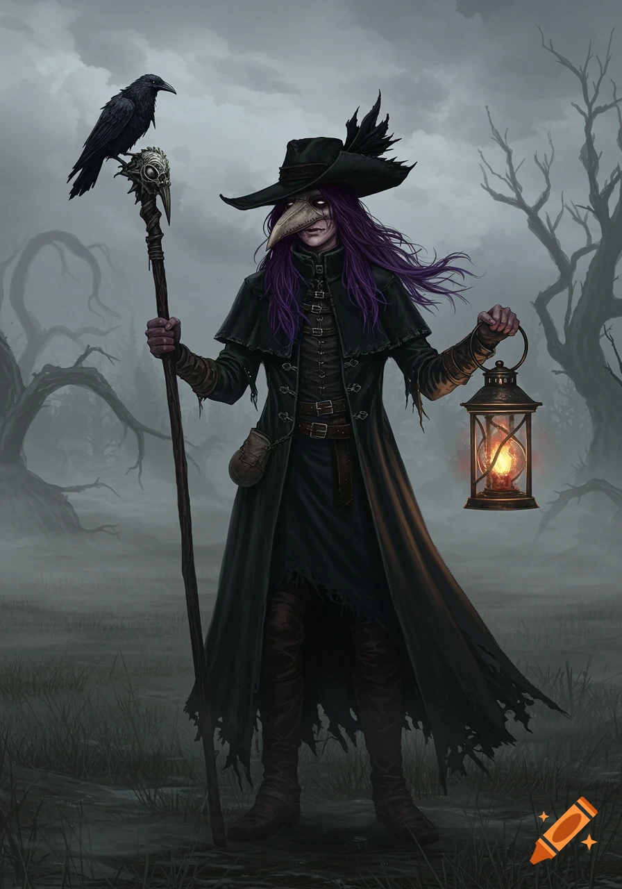 A grimdark fantasy woman with purple hair, wearing a black plague doctor coat and hat, holding a staff with a raven and a glowing lantern in a misty field.