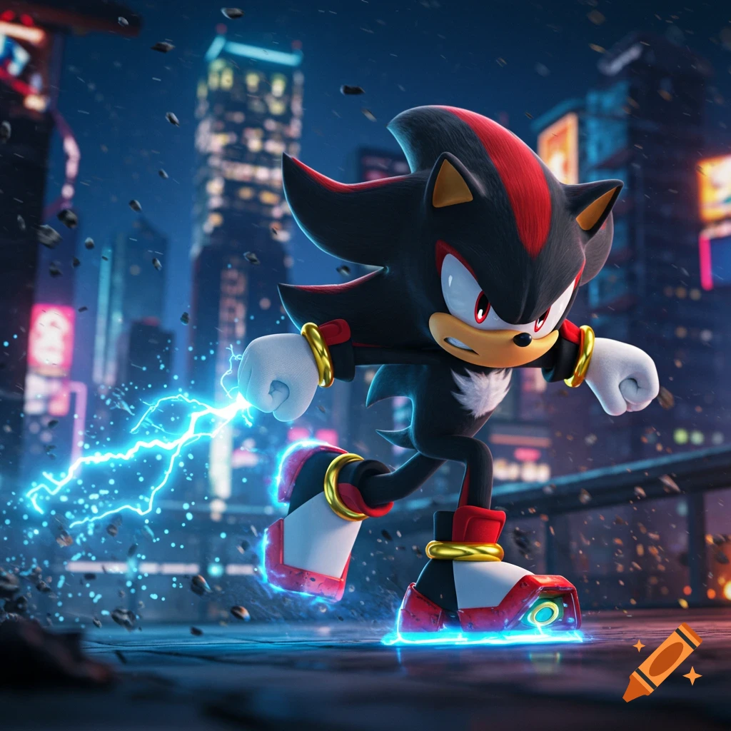 Shadow the Hedgehog runs through a futuristic city at night, trailing blue lightning from his arm and feet.