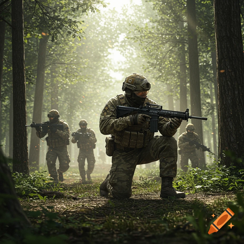 A squad of soldiers in camouflage uniforms moves through a sun-dappled forest, one soldier kneeling in the foreground with a rifle.