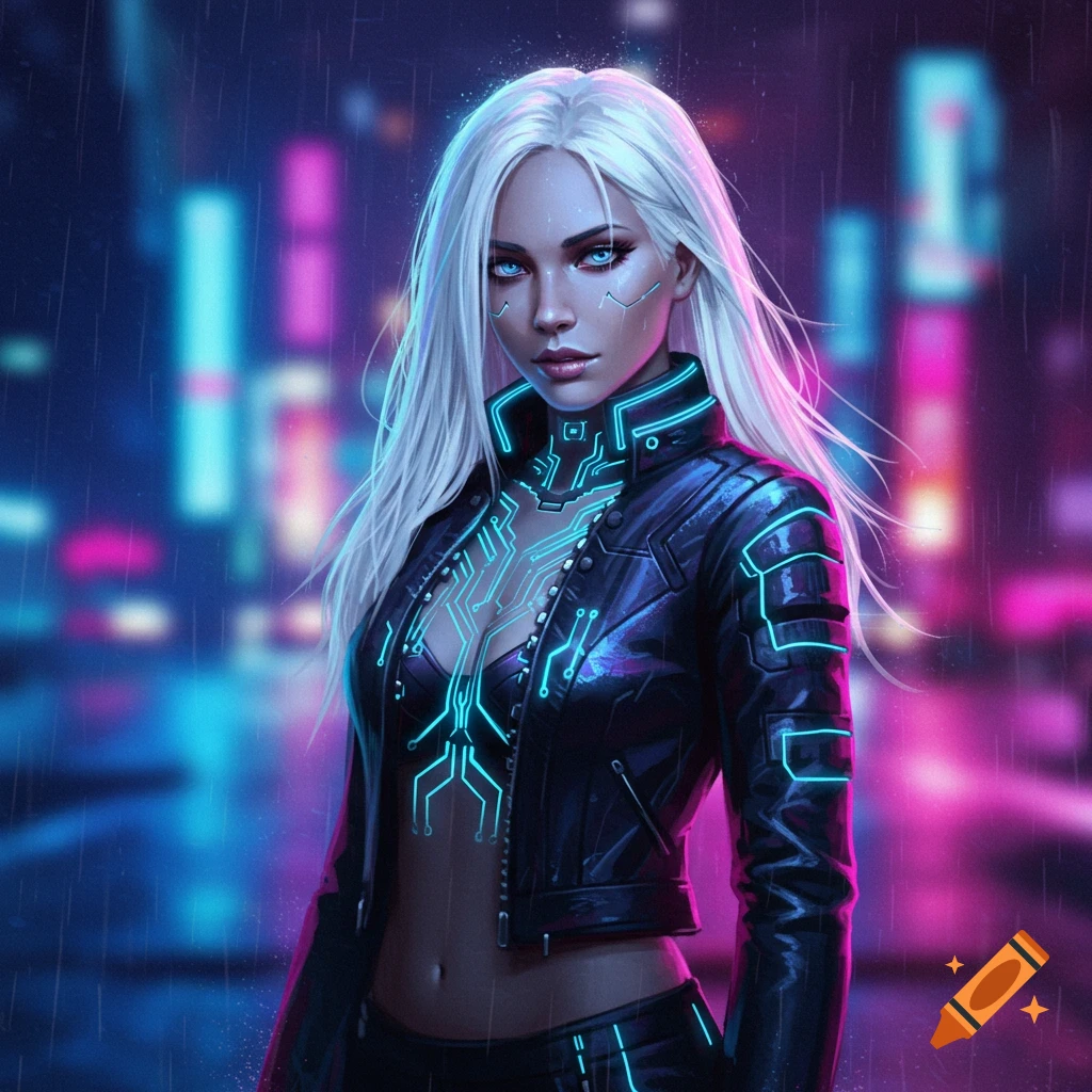 A white-haired cyberpunk woman with glowing blue circuit patterns on her face and leather jacket stands in a neon-lit city street at night.