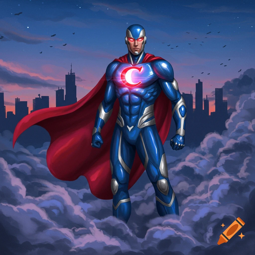 A muscular superhero in a blue suit and red cape with a glowing red 'C' on his chest stands on clouds above a city skyline at dusk.