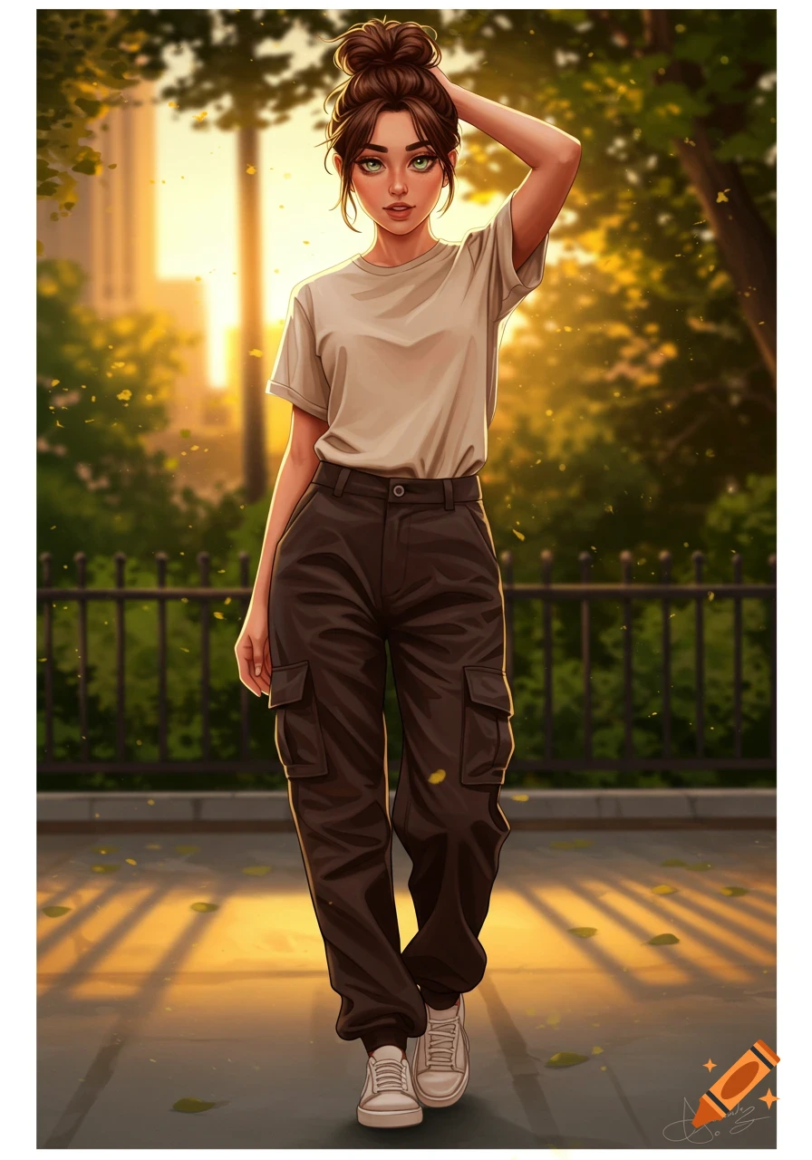 An illustrated portrait of a young woman with a messy bun, green eyes, wearing a light brown t-shirt and dark brown cargo pants, standing outdoors at sunset.