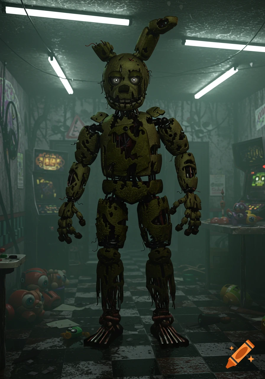 A full body shot of Springtrap from Five Nights at Freddy's 3, a decayed green rabbit animatronic with glowing eyes, standing in a dark, abandoned arcade.