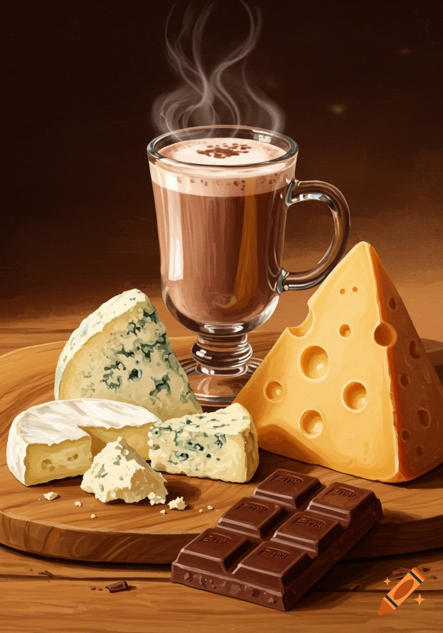 A stylized painting of a warm drink in a glass mug with steam rising, surrounded by various cheeses and a bar of chocolate on a wooden surface.