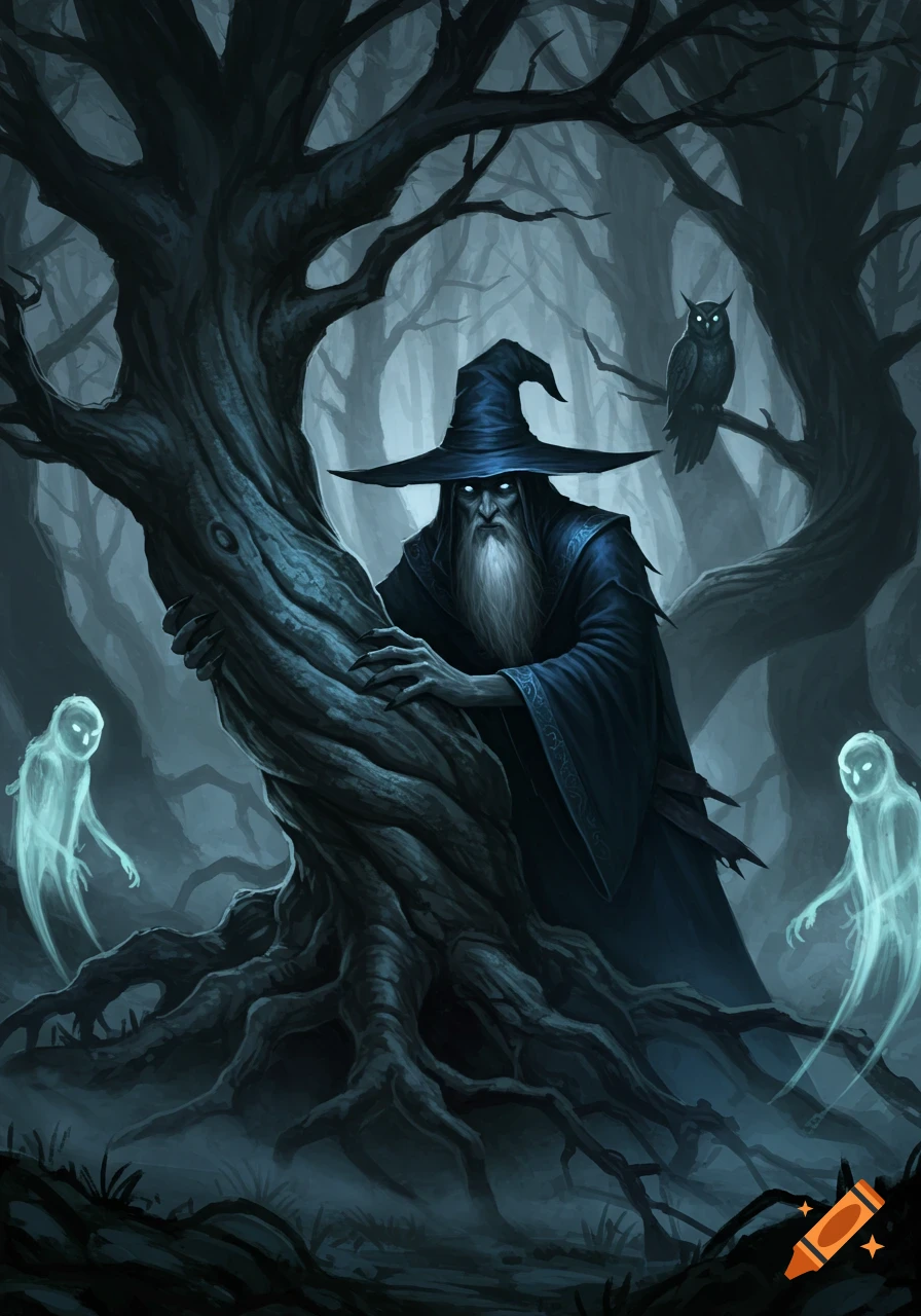 A creepy wizard with glowing eyes and a long white beard clutches a gnarled tree in a dark, misty forest, with two ethereal ghosts and an owl.