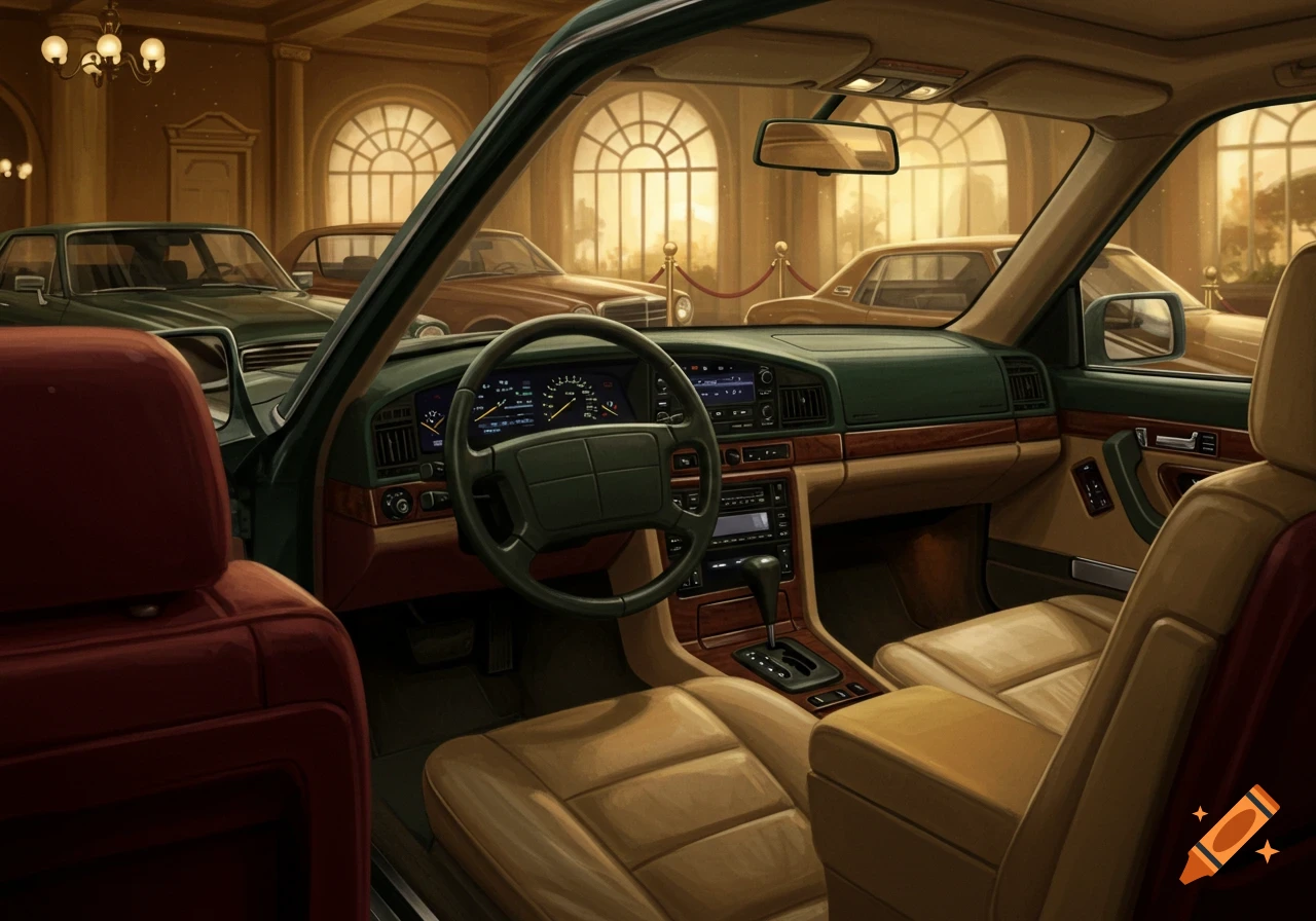 View from inside a vintage luxury car in a showroom with other classic cars visible through the windows, 1990s style.