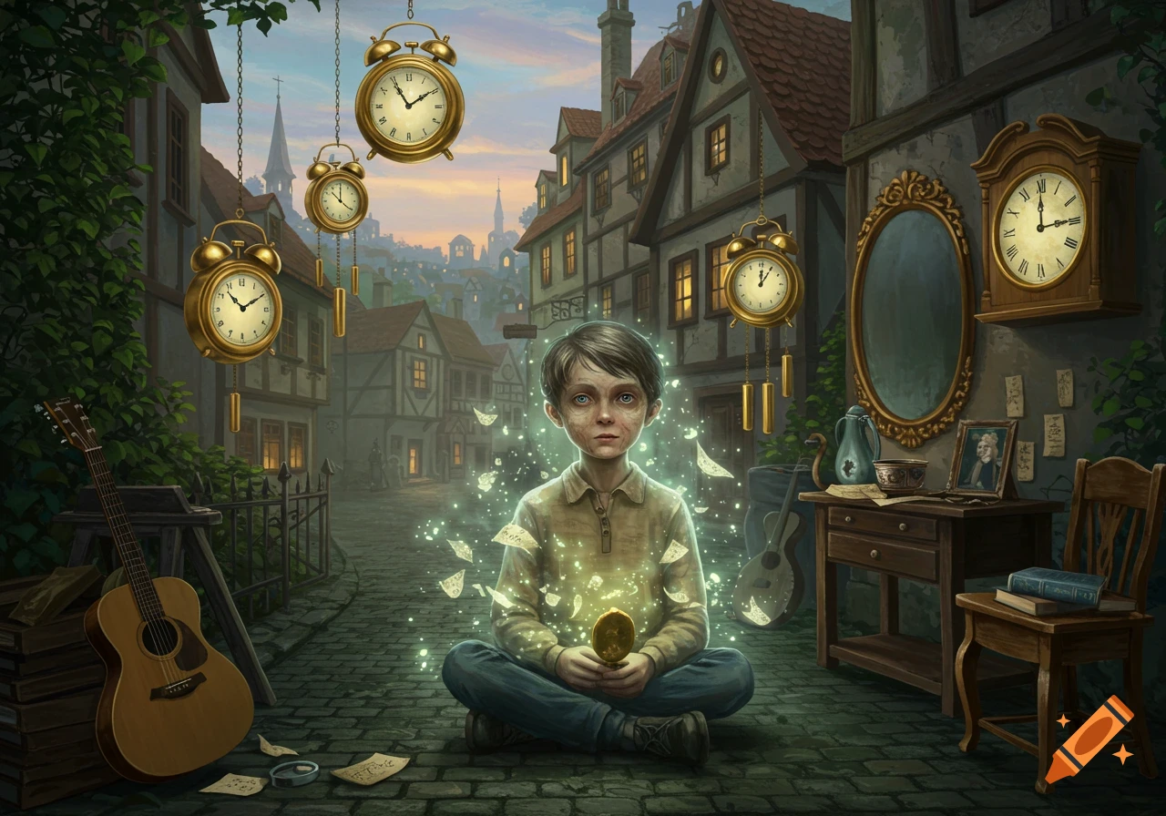 A young boy sits cross-legged on a cobblestone street in an old town, surrounded by glowing particles and floating papers, holding a glowing object. Several golden alarm clocks hang in the air around him.
