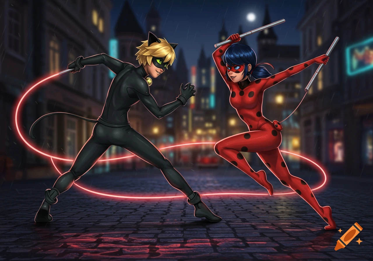 Ladybug and Cat Noir in dynamic fighting poses on a rainy city street at night with glowing red lines.