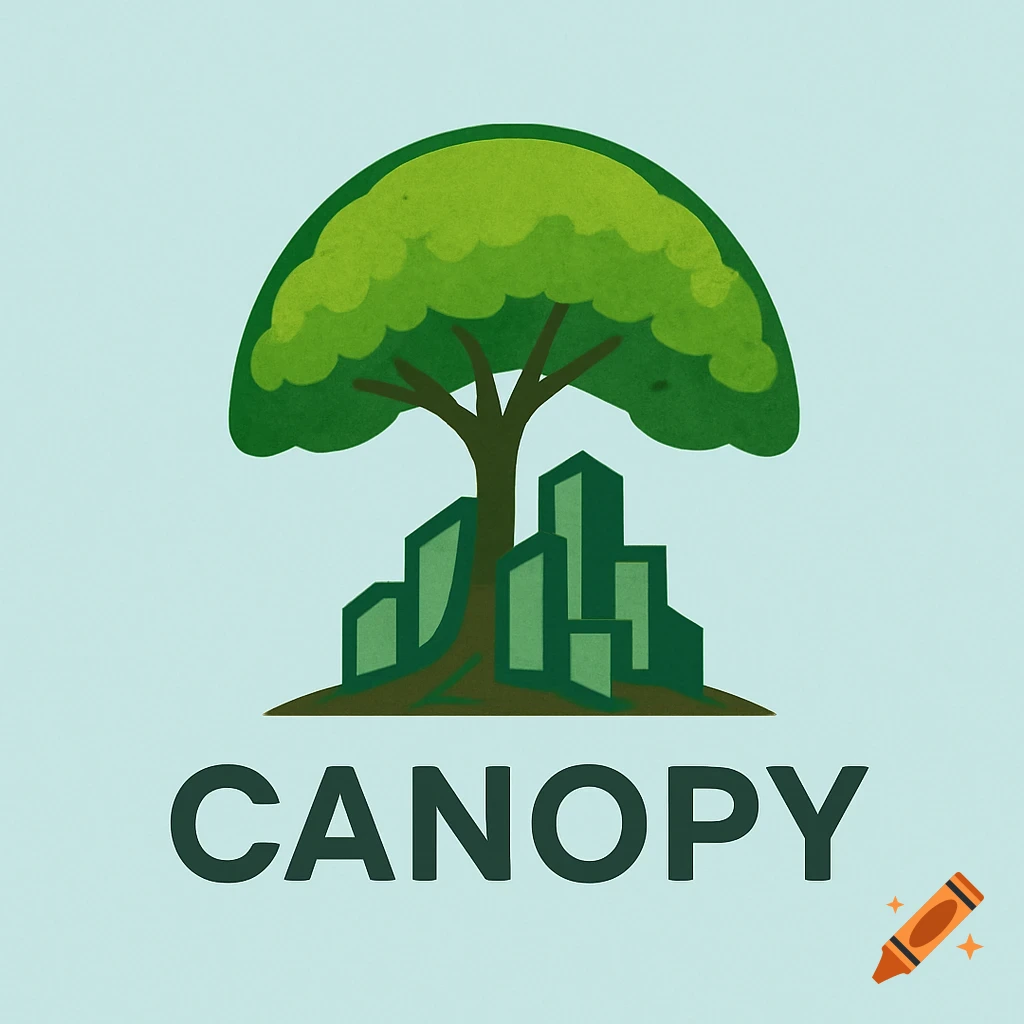 A stylized logo featuring a green tree canopy above abstract green city buildings, with 'CANOPY' text below, on a light blue background.