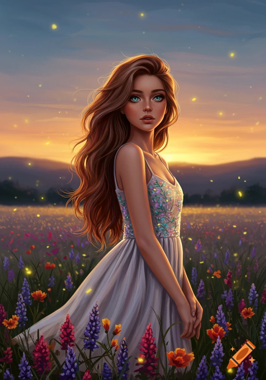 A stylized portrait of a young woman with long brown hair and vibrant blue eyes standing in a field of colorful wildflowers at sunset, with glowing specks in the air.
