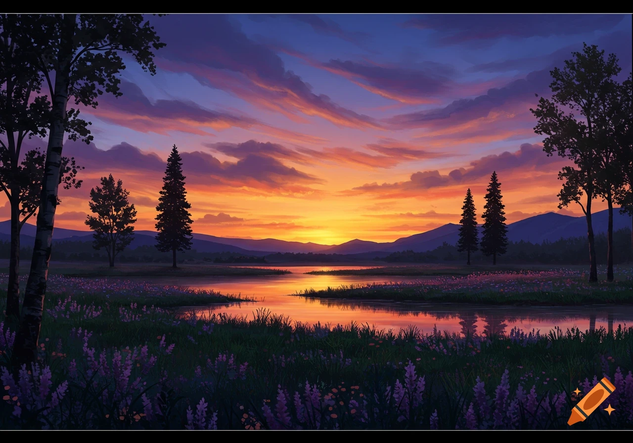 A vibrant sunset casts orange and purple light over a calm lake, surrounded by trees and purple wildflowers.