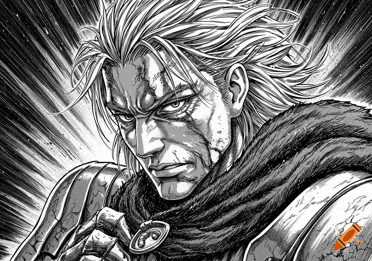 A close-up black and white manga illustration of a stern warrior with long light hair, scars, and armor, in a gritty style.