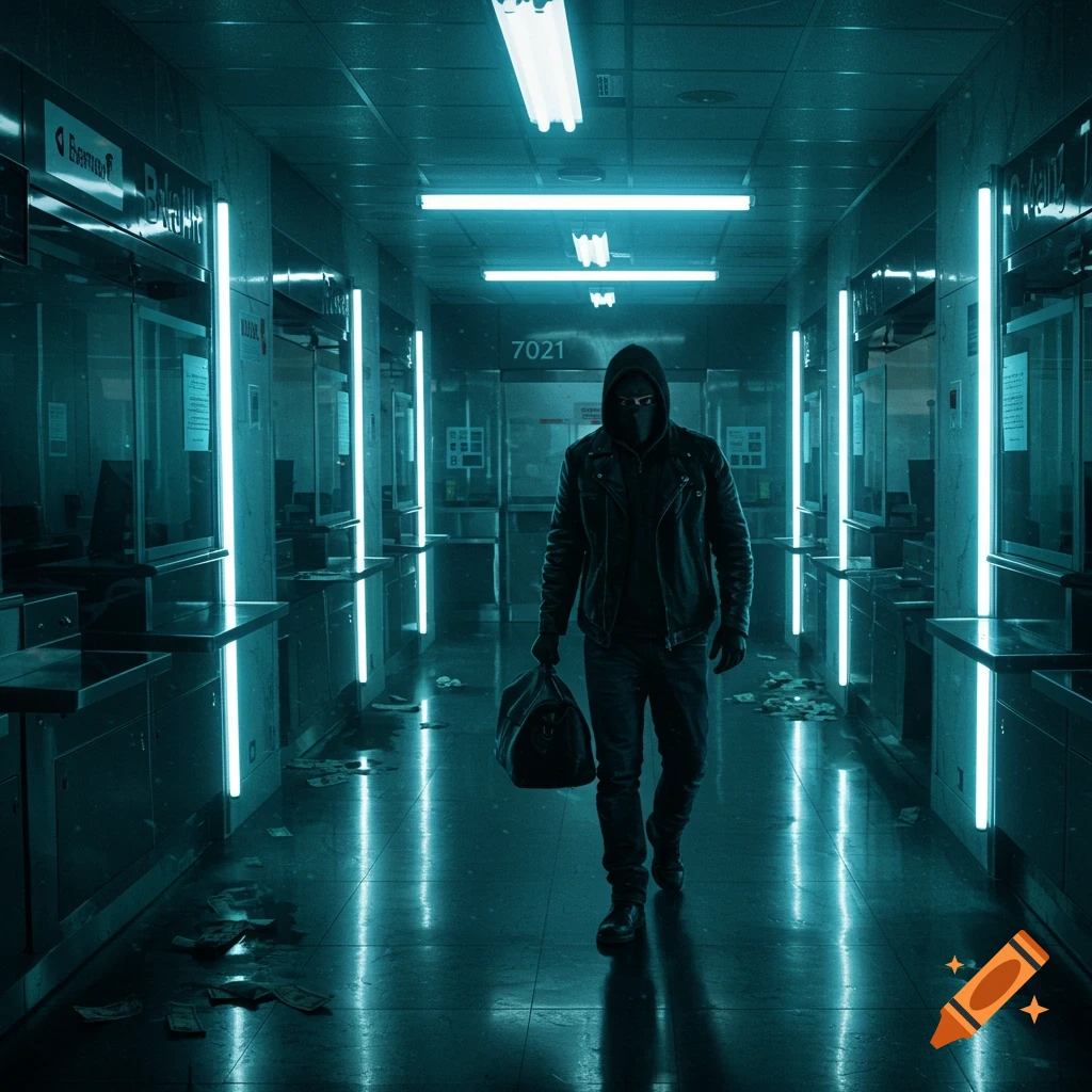 A masked figure carrying a bag walks through a dimly lit, blue-tinted bank corridor with scattered money on the floor.