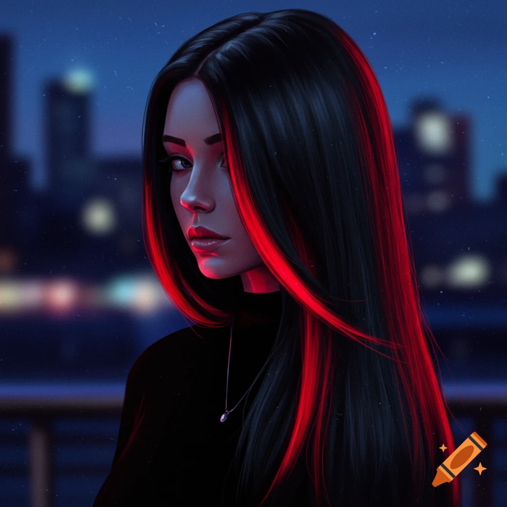 A stylized digital art portrait of a woman with long black hair and prominent red highlights, set against a dark city skyline at night.