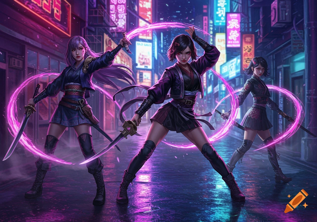 Three stylized female demon hunters with swords and glowing purple energy rings pose on a neon-lit cyberpunk city street at night.