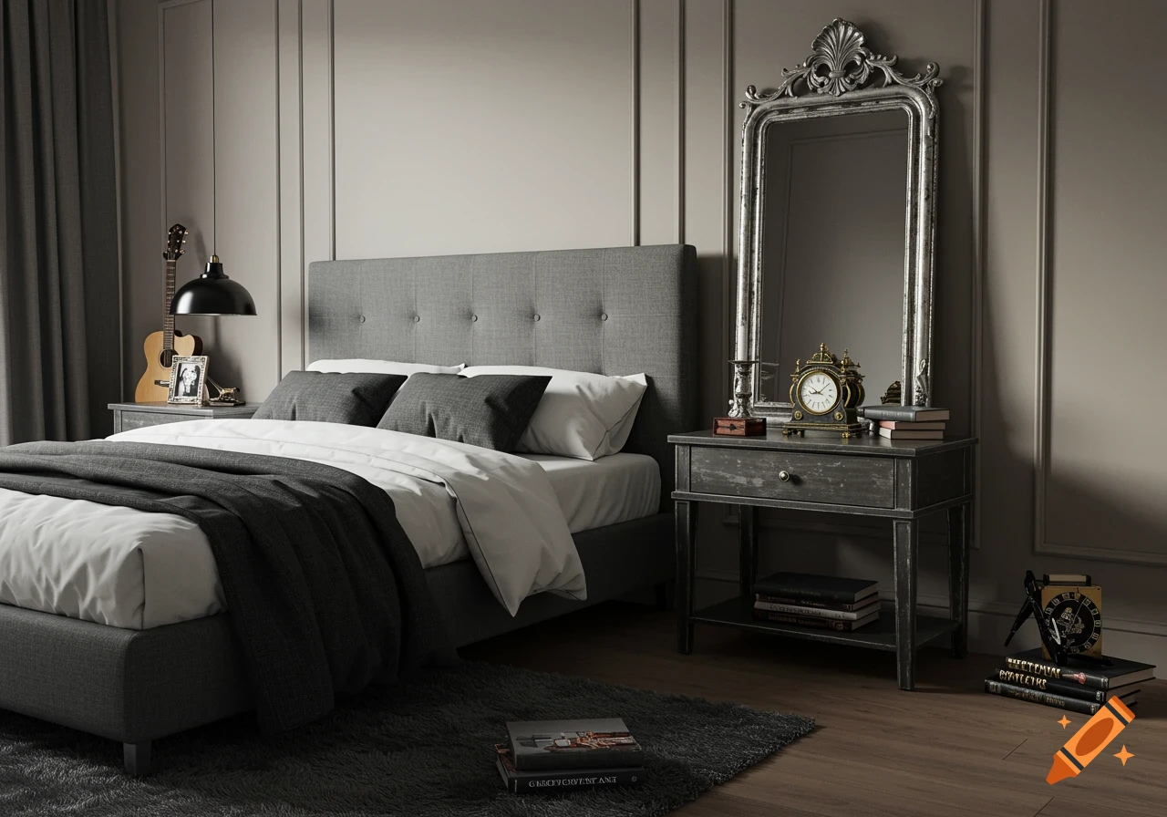A modern bedroom with a grey upholstered bed, dark bedding, and a large ornate silver mirror on a dark wooden nightstand. A guitar is by the bed.