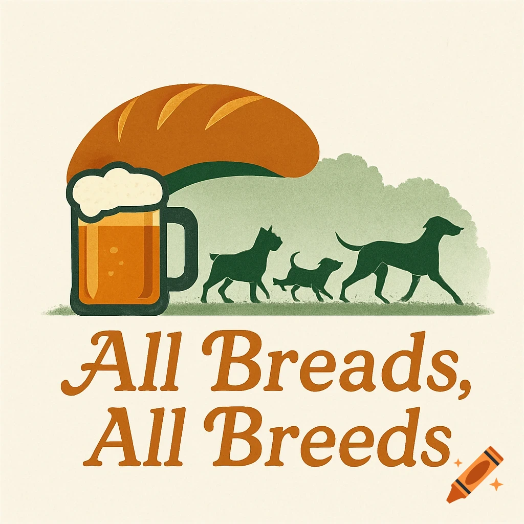 A logo featuring a beer mug, bread loaf, and three dog silhouettes with the text 'All Breads, All Breeds'.