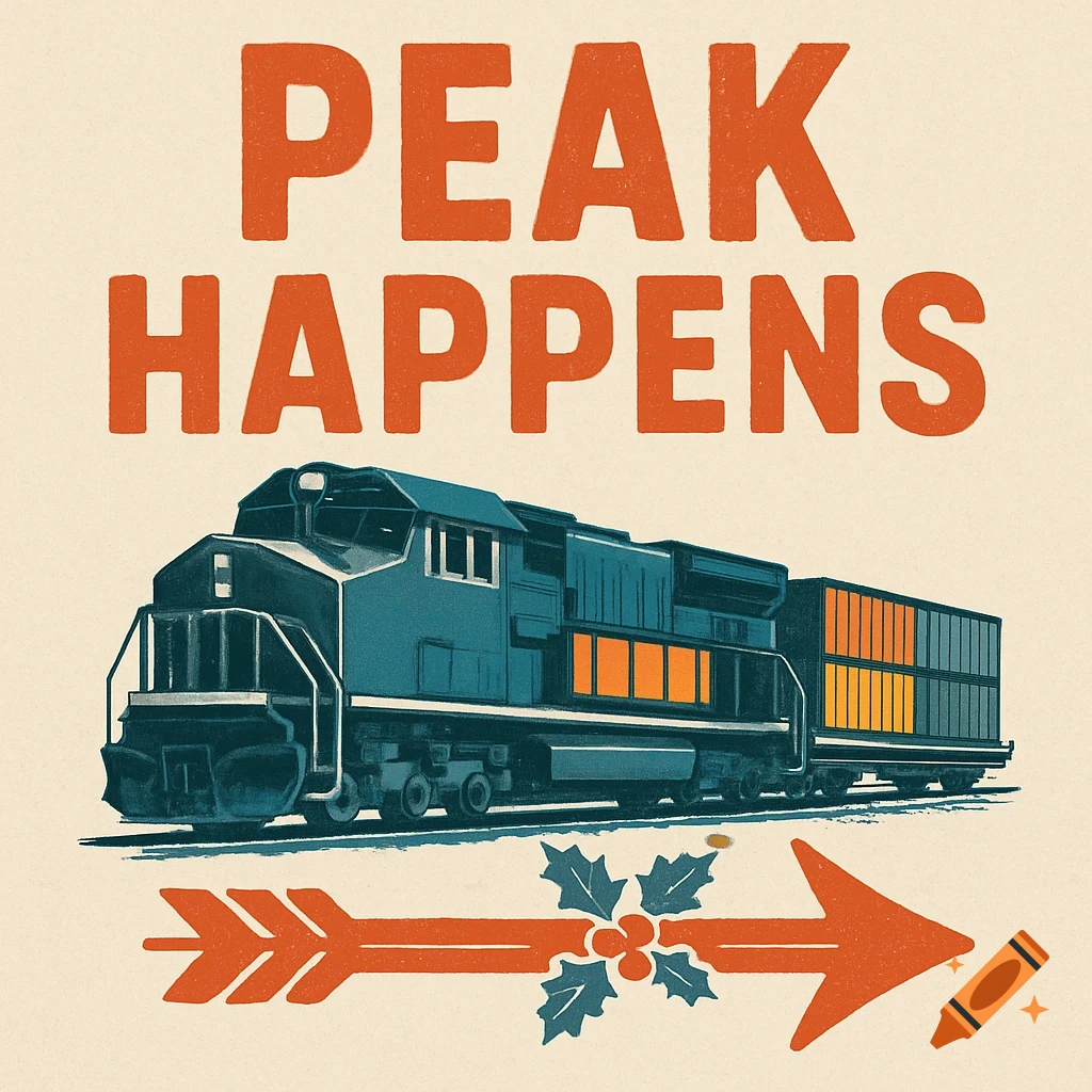 Retro illustration with a blue locomotive and well car, orange text 'PEAK HAPPENS', and an orange arrow with holly.