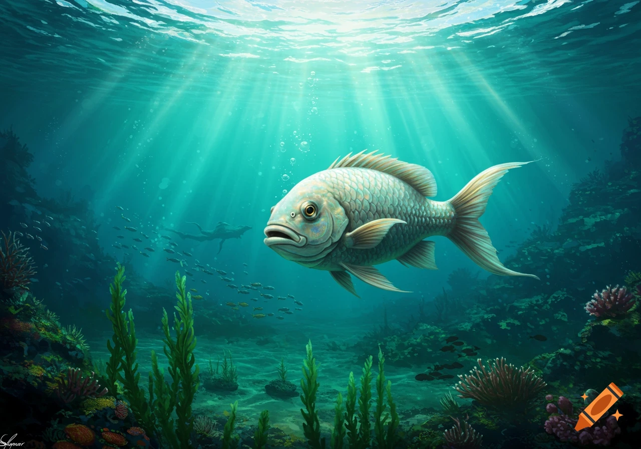 A large, expressive fish swims in a vibrant, detailed underwater scene with sun rays illuminating coral and marine life.