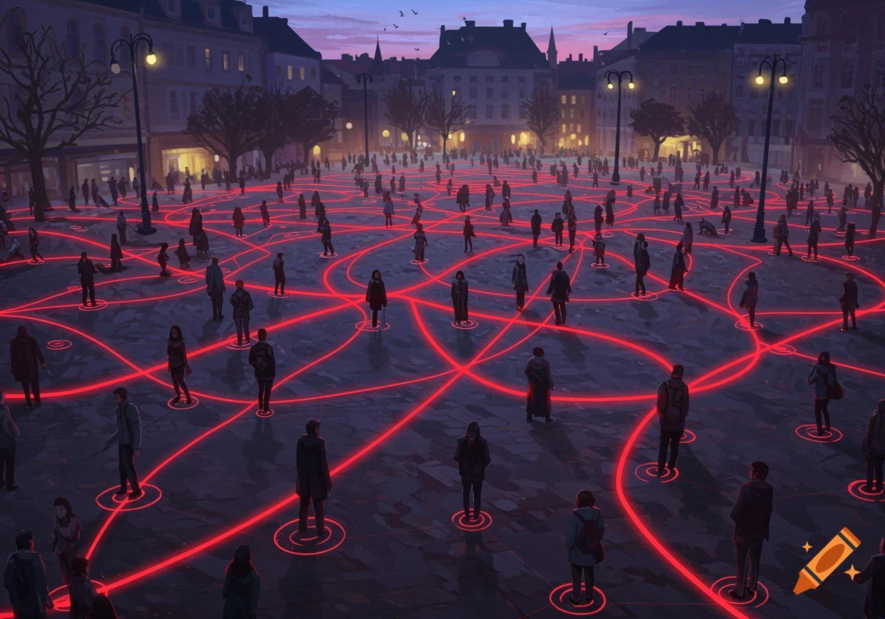 A stylized digital painting of a large crowd of people gathered in a city square at dusk, interconnected by glowing red lines. The mood is somewhat mysterious, with warm light from street lamps illuminating the scene and buildings in the background.