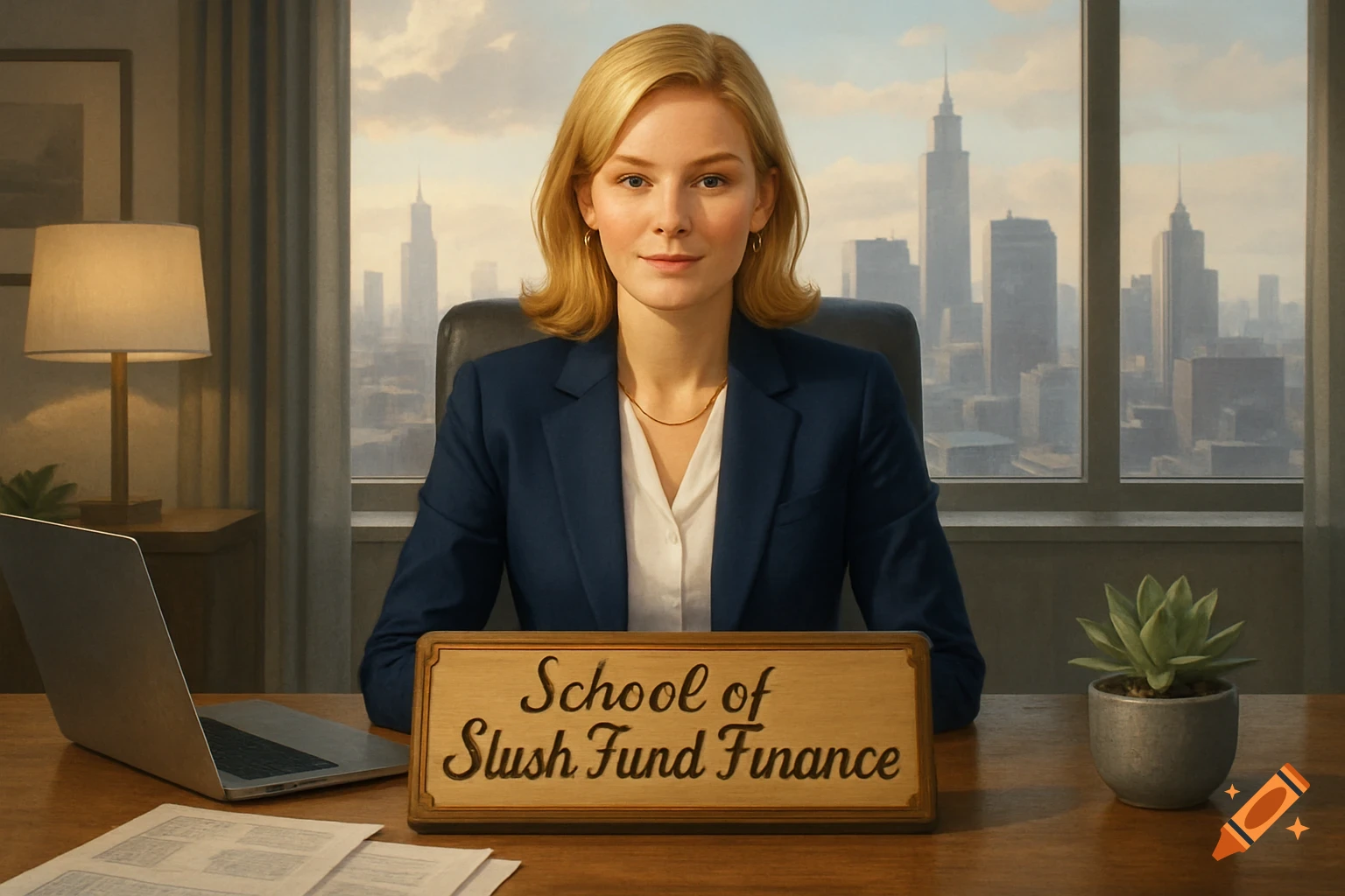 Photorealistic portrait of a blonde woman in a suit at a desk with a sign reading 'School of Slush Fund Finance' and a city skyline.