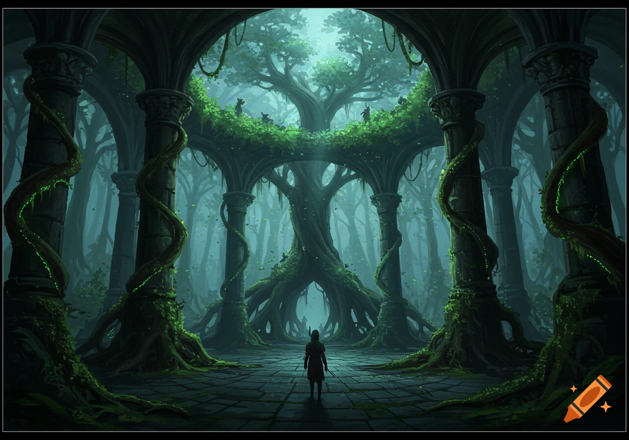 A lone figure stands in a mystical, overgrown ruin with large tree-like pillars and roots under a vast canopy in a misty forest.