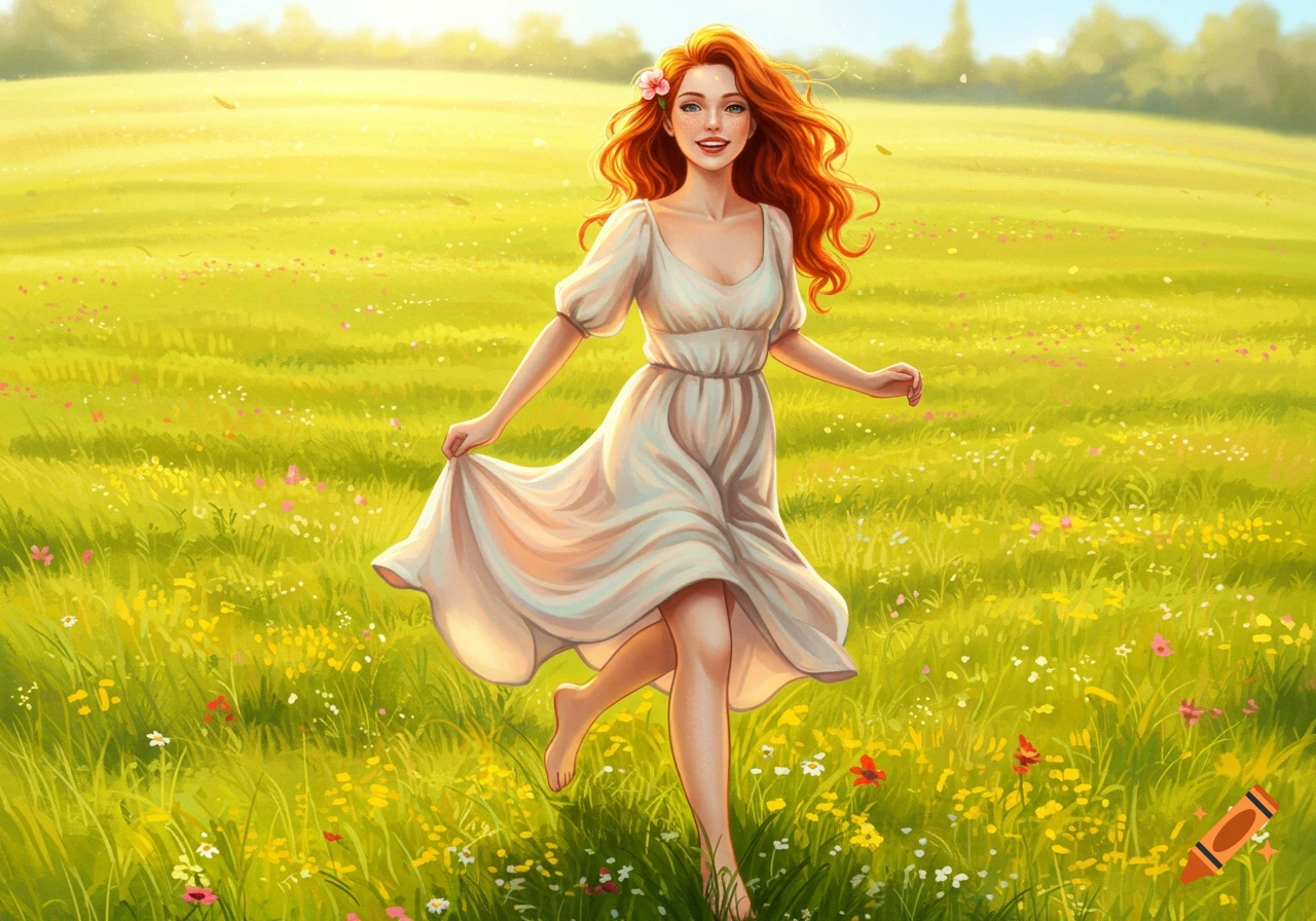 Smiling red-haired woman in white sundress runs barefoot through sunny green field with wildflowers. Illustration.