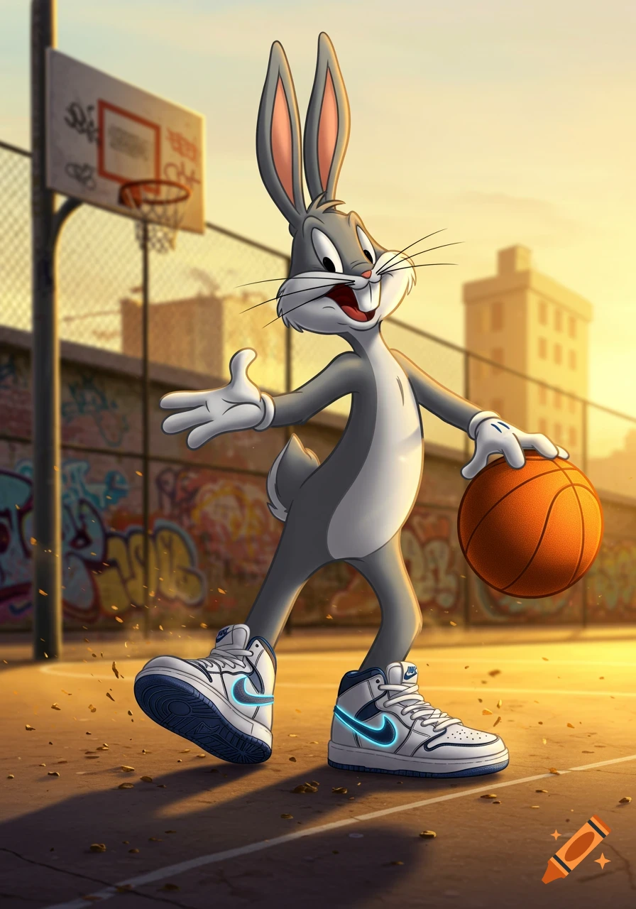 Bugs Bunny in a basketball court, dribbling a basketball while wearing white and blue sneakers with a glowing swoosh logo.