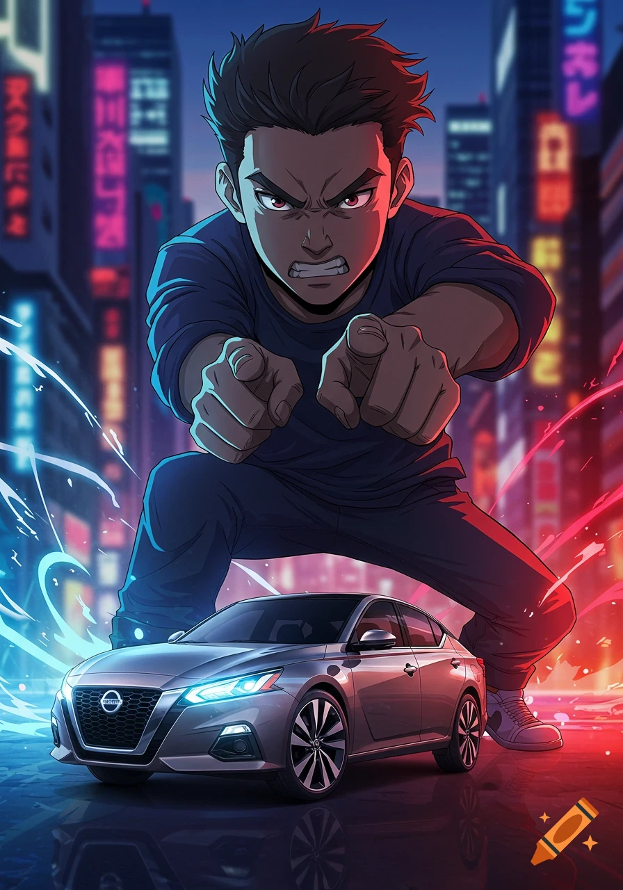 An angry anime man pointing forward, with a silver Nissan Altima car in front of him, set against a neon-lit city background.