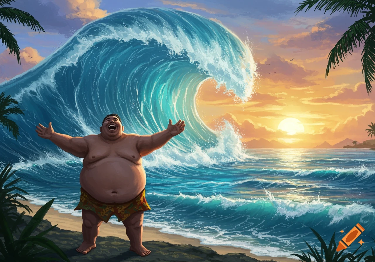 A joyful man with arms outstretched stands on a tropical beach as a huge blue wave crashes behind him under a vibrant sunset.